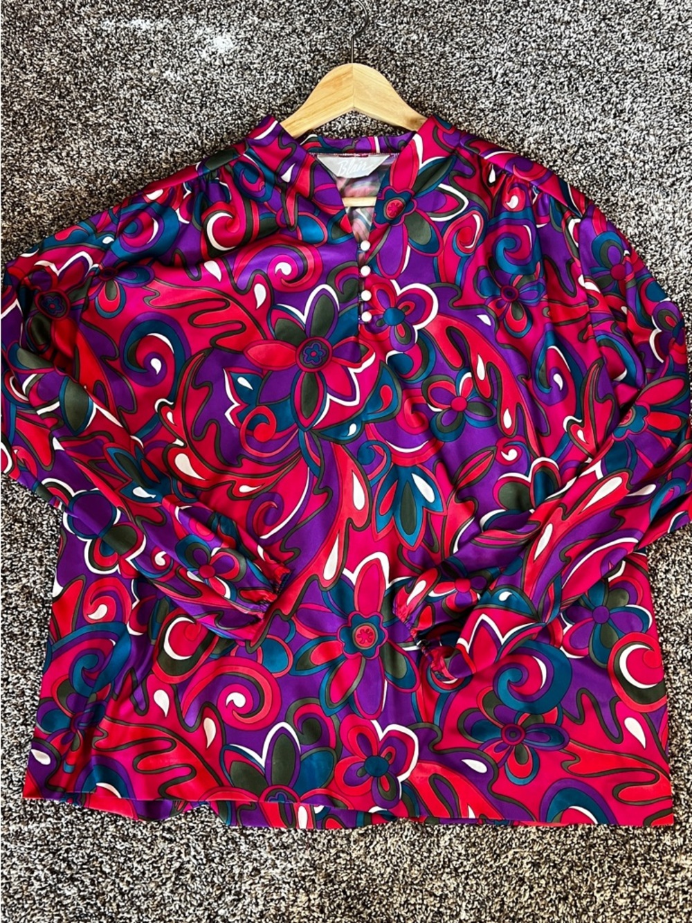 Vintage Vibrant Floral Print Blouse in Fuchsia, Purple & Teal